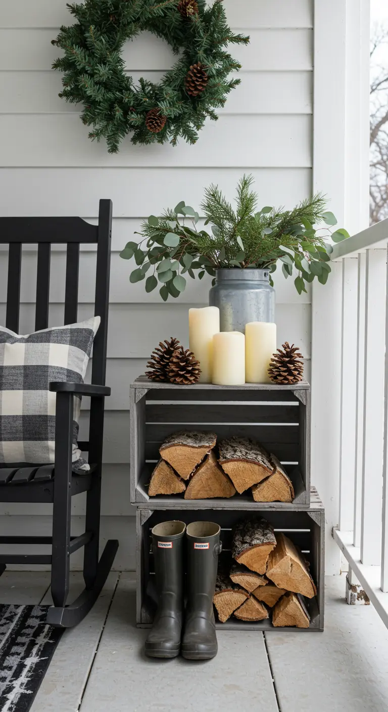 Deux caisses grises empilées, remplies de bois de chauffage, avec bougies et verdure sur le dessus.