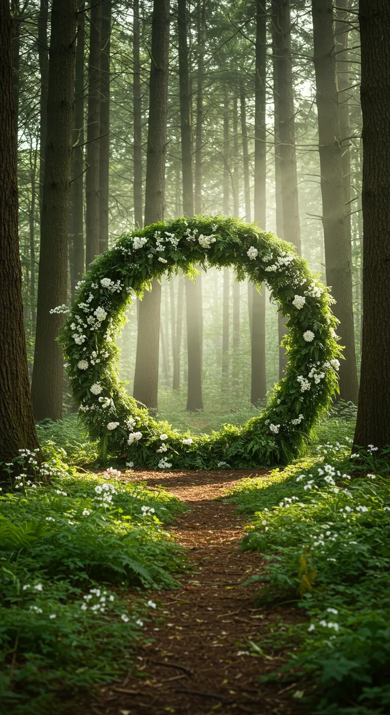 Grande arche florale circulaire verte et blanche dans une forêt ensoleillée.