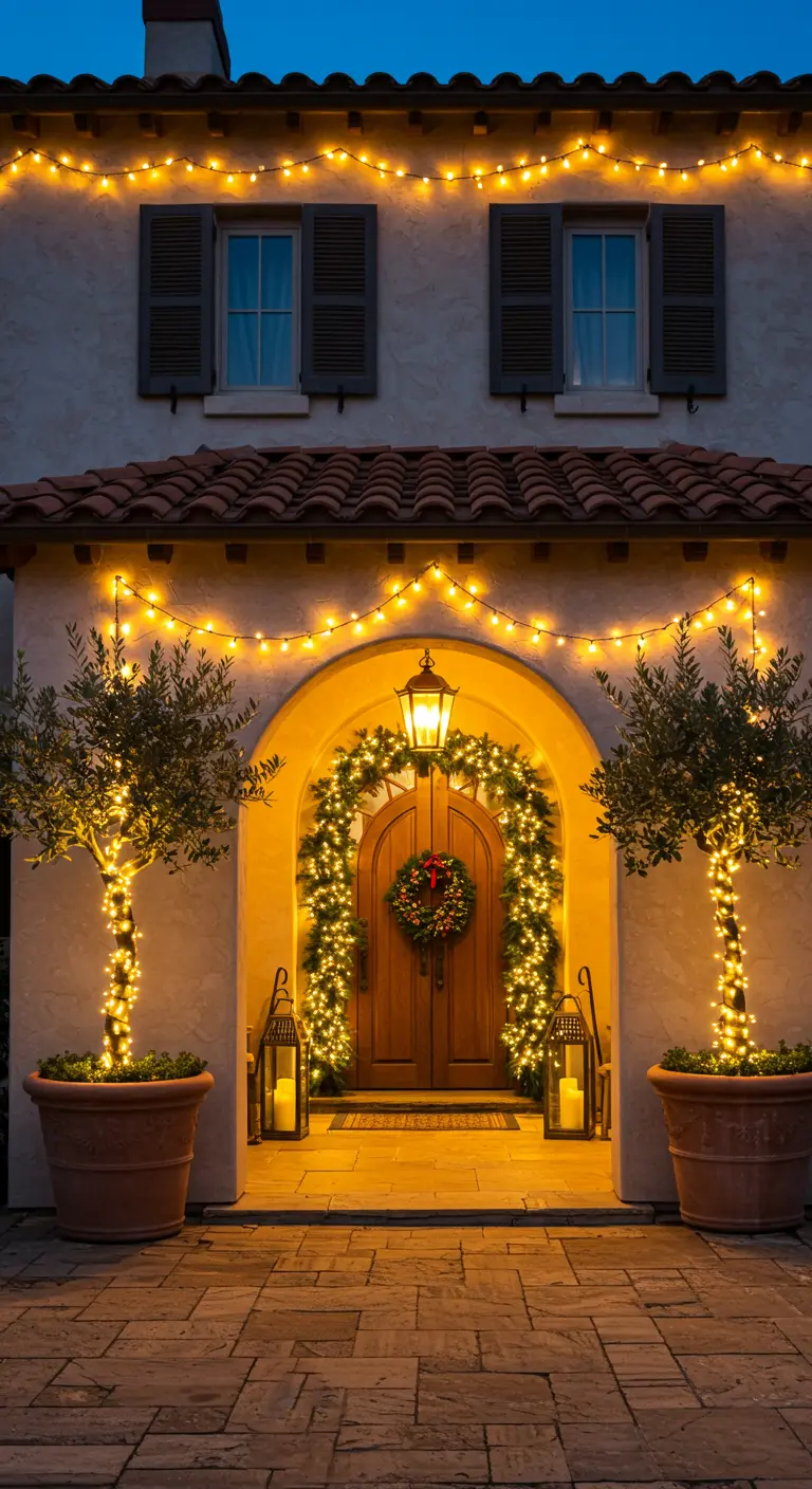 Entrée de maison de style méditerranéen avec arche lumineuse, oliviers illuminés et lanternes.