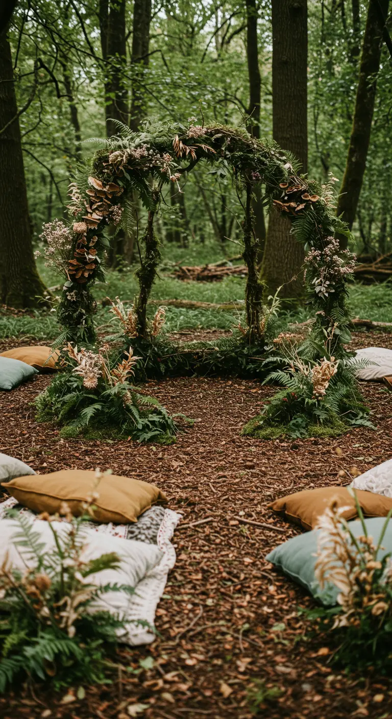 Arche faite de branches moussues et de fougères au milieu d'une clairière.