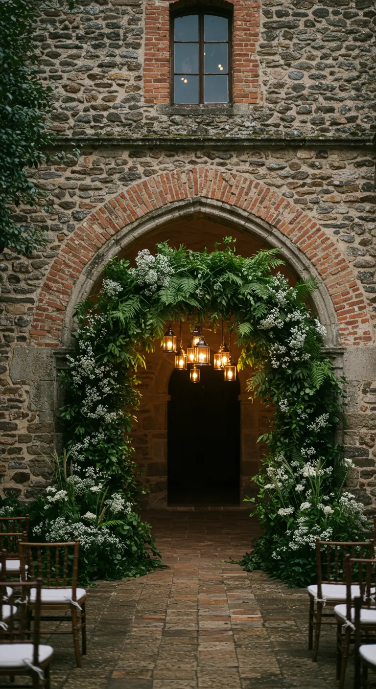Arche en fer forgé recouverte de lierre et de fleurs blanches, avec des lanternes suspendues, devant un mur en pierre.