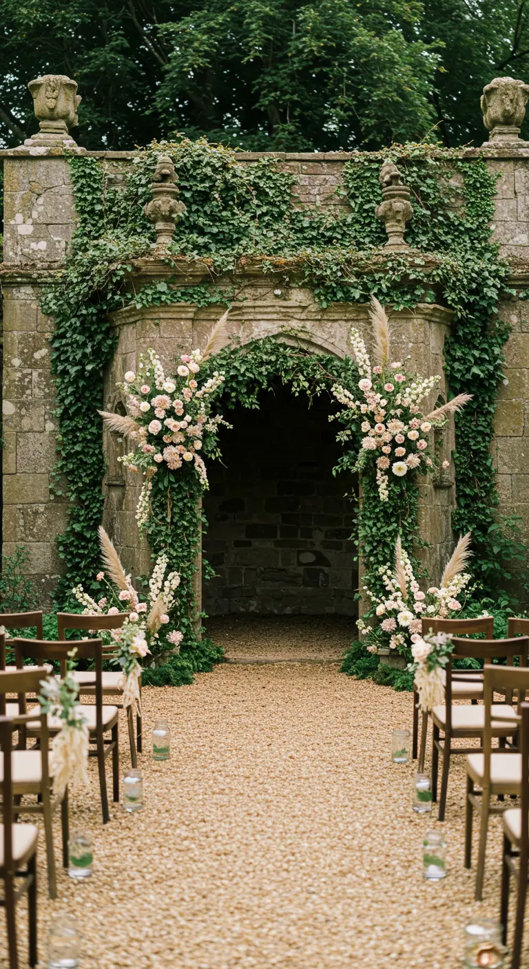Arche florale devant une porte en pierre avec herbe de la pampa et fleurs roses.