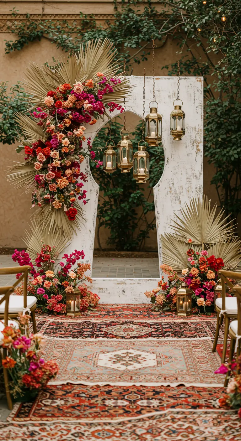 Arche en forme de porte marocaine blanche décorée de fleurs fuchsia et de lanternes.