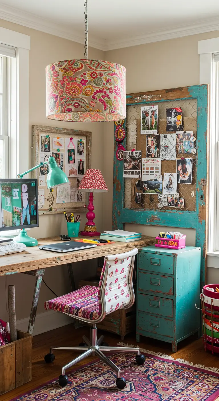 Bureau bohème avec une ancienne porte turquoise recyclée en tableau d'affichage, couleurs vives
