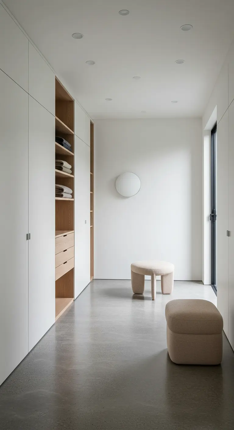 Dressing couloir blanc avec portes invisibles, étagères bois et poufs neutres sous lumière naturelle.