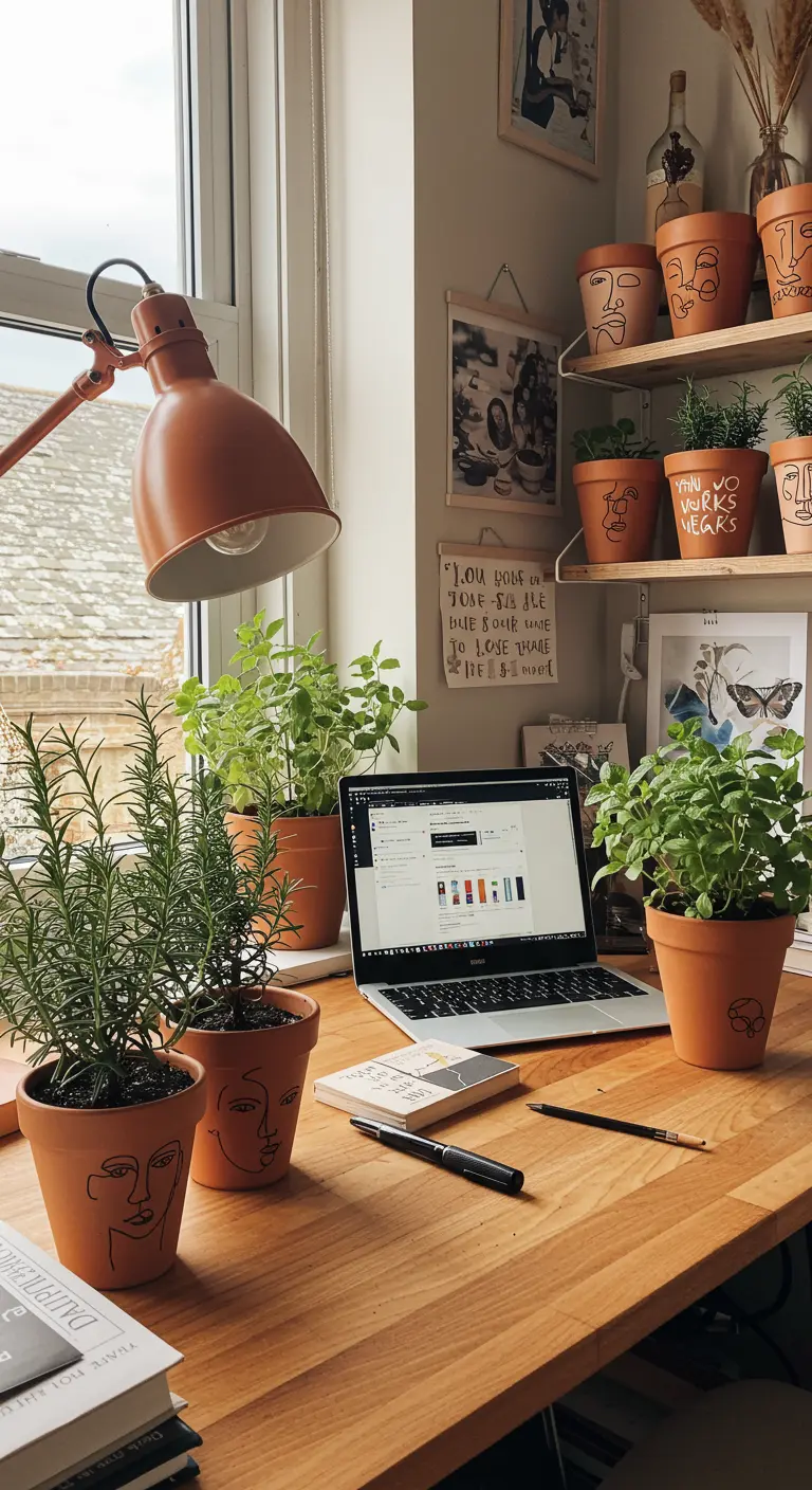 Pots en terre cuite avec des visages dessinés au trait sur un bureau en bois.