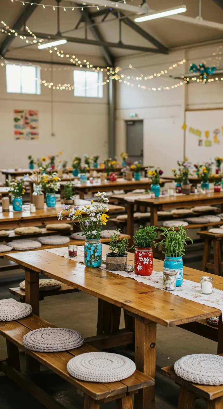 Tables en bois avec des pots et bocaux peints de couleurs vives, remplis de fleurs des champs.