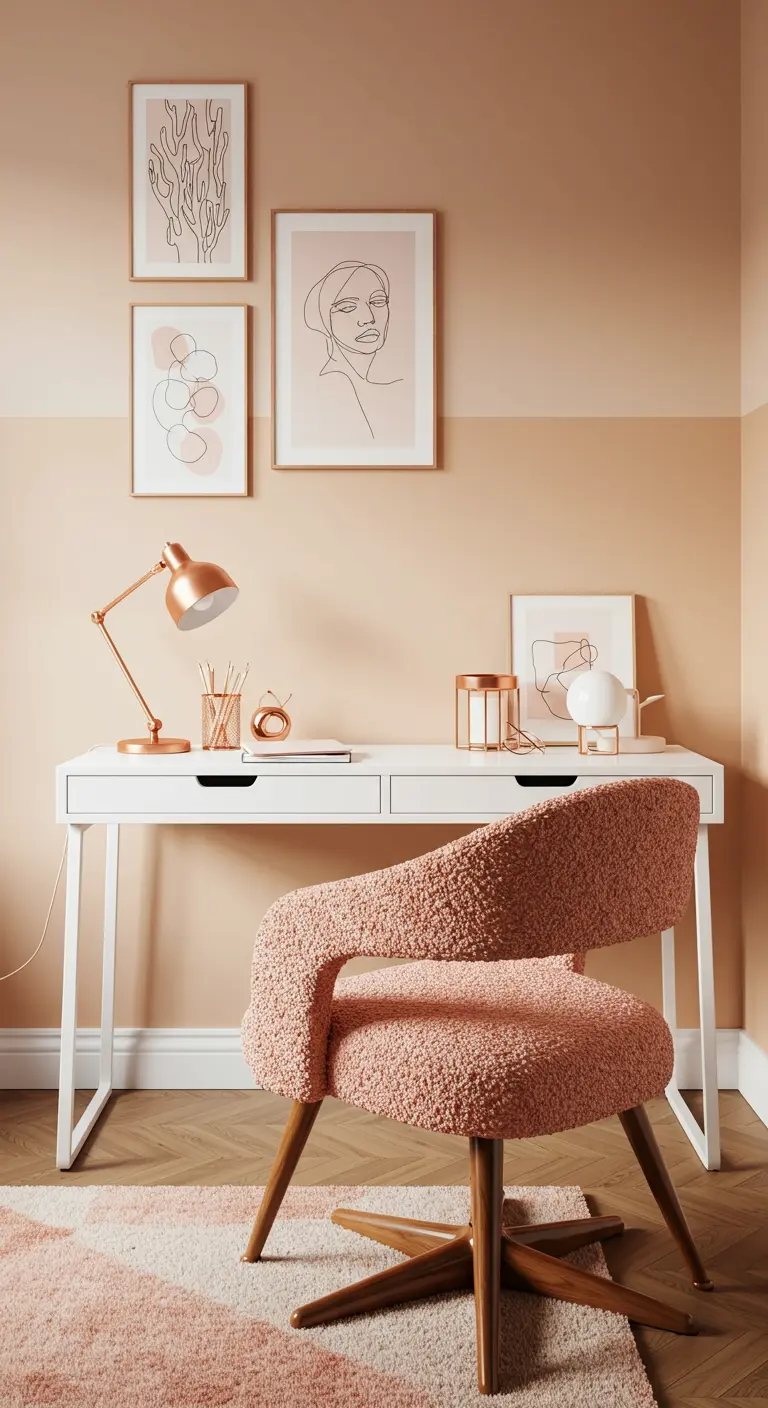 Bureau blanc avec chaise bouclée rose, murs bicolores et lampe en cuivre.