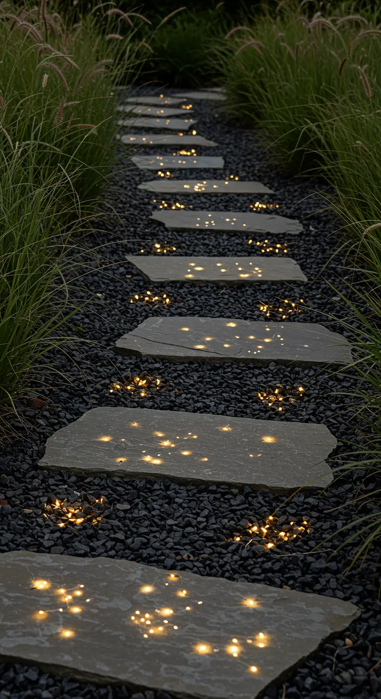 Chemin de dalles en ardoise avec des micro-guirlandes LED dans le gravier noir.