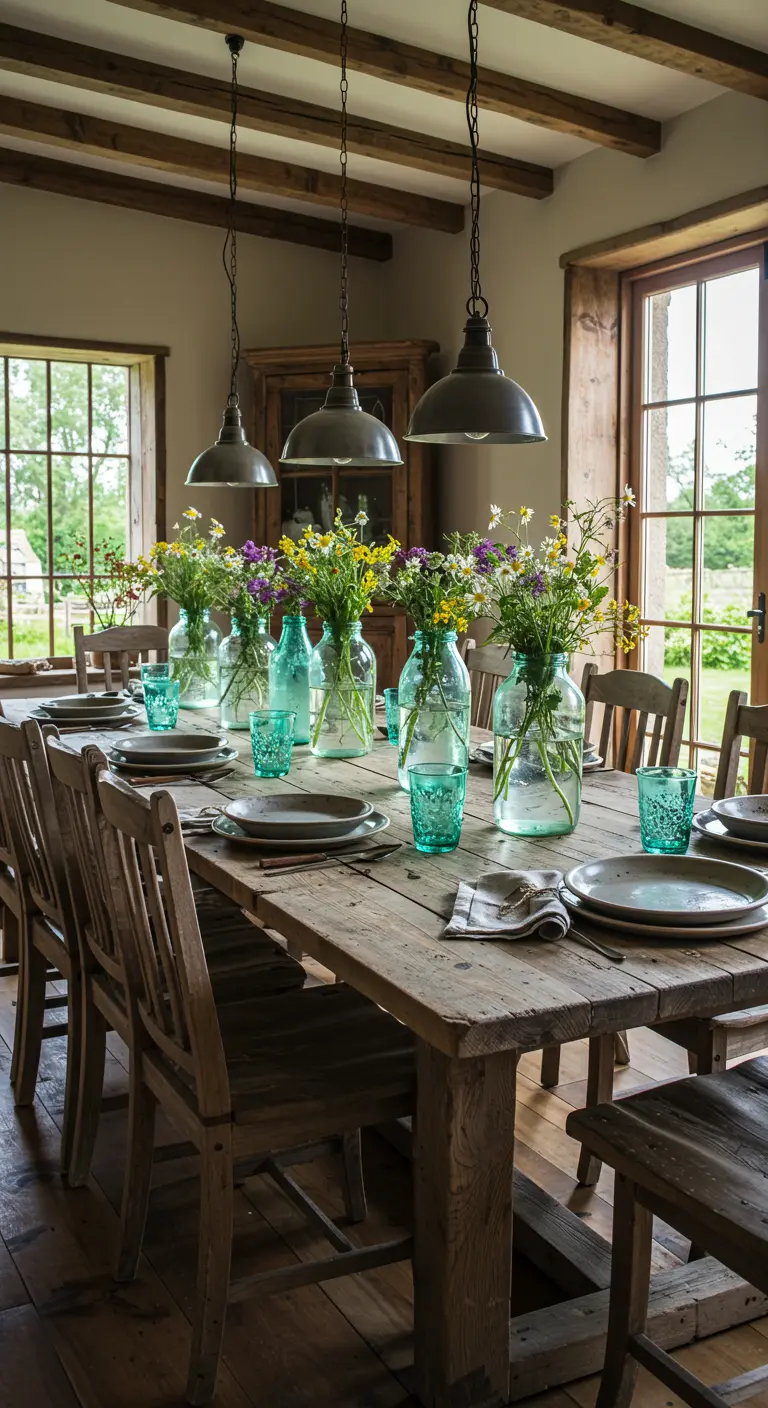 Table rustique avec des bouteilles en verre recyclées en vases pour fleurs sauvages.