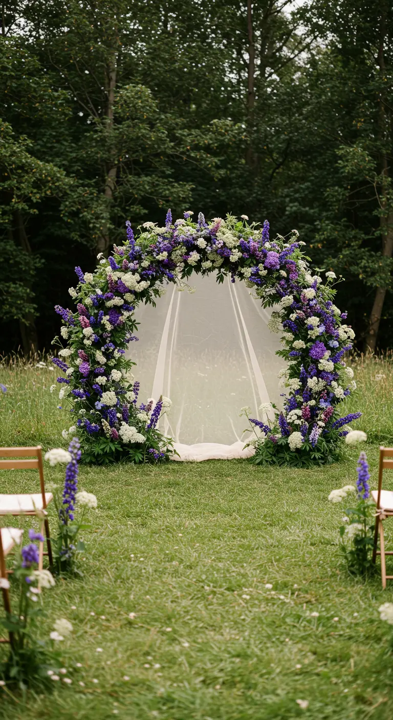 Arche de mariage luxuriante avec des fleurs violettes et blanches dans une prairie.