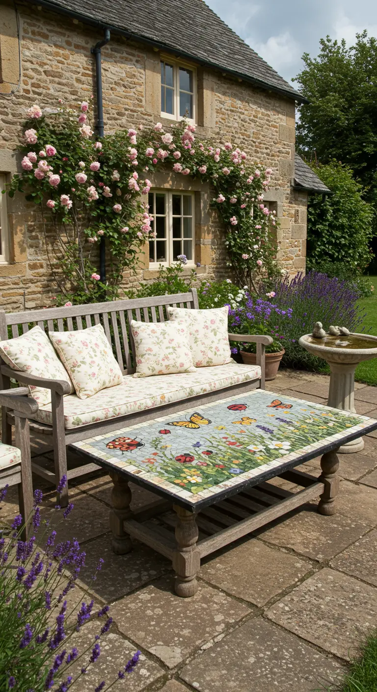 Table en mosaïque de papillons et fleurs sur un banc de jardin en bois.