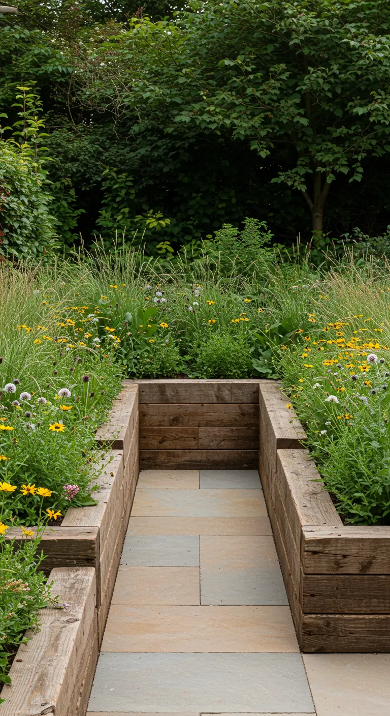 Parterres surélevés en bois rustique bordant un patio, remplis de fleurs sauvages.