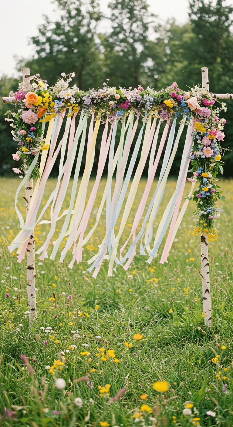 Arche en bouleau avec des fleurs sauvages et des rubans pastel flottants dans un champ.