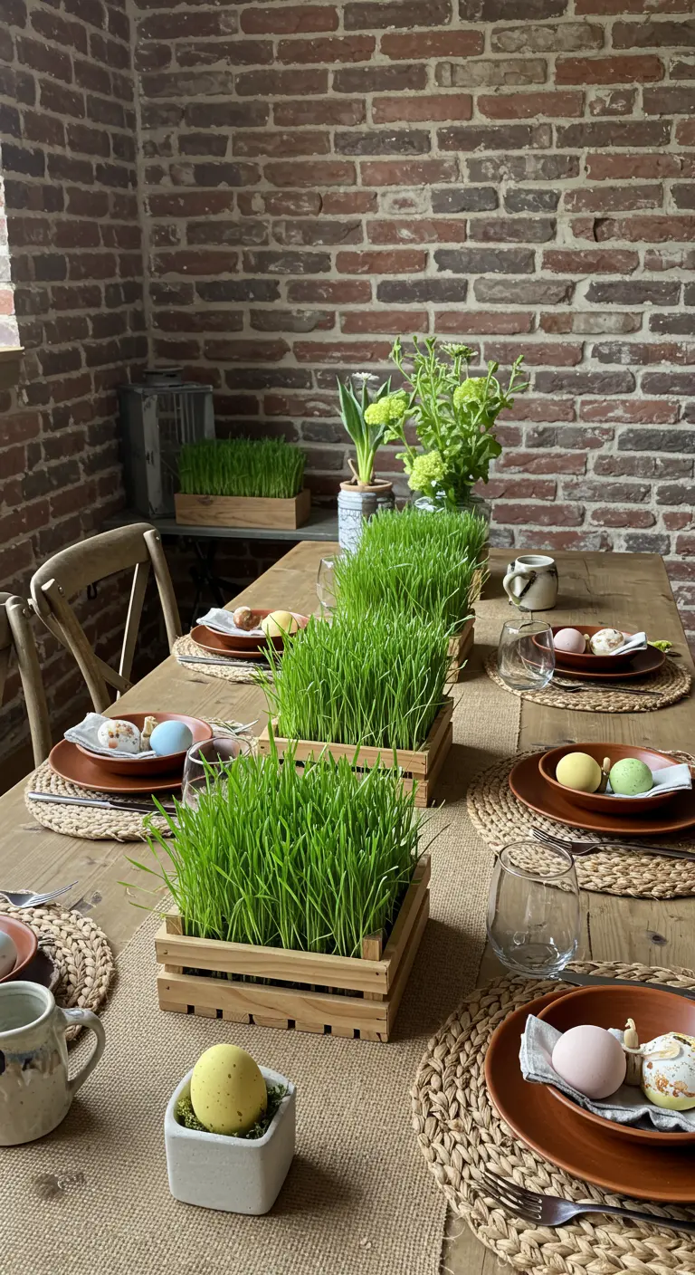 Jardinières en bois remplies d'herbe de blé fraîche alignées sur une table en bois.