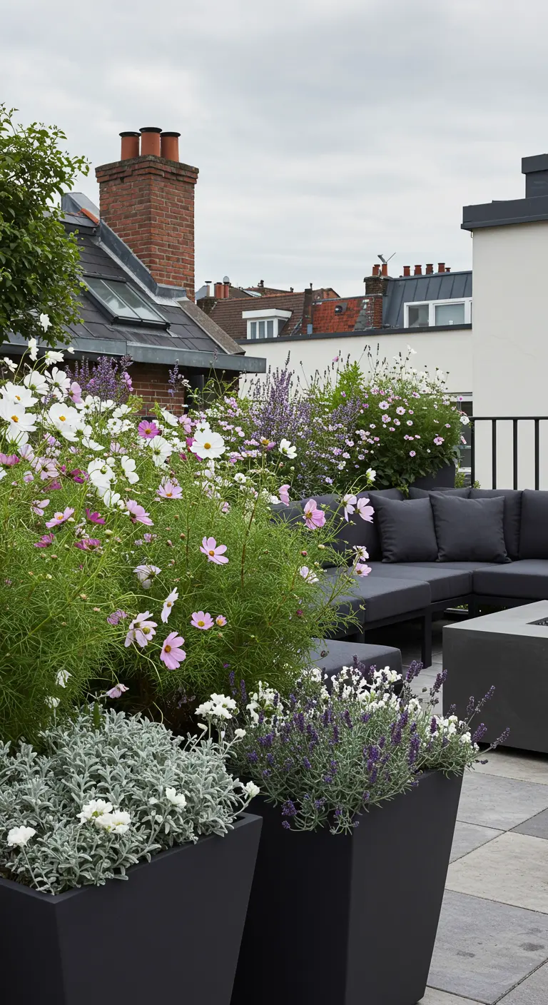 Grandes jardinières noires sur un toit-terrasse, remplies de cosmos roses et blancs et de lavande.
