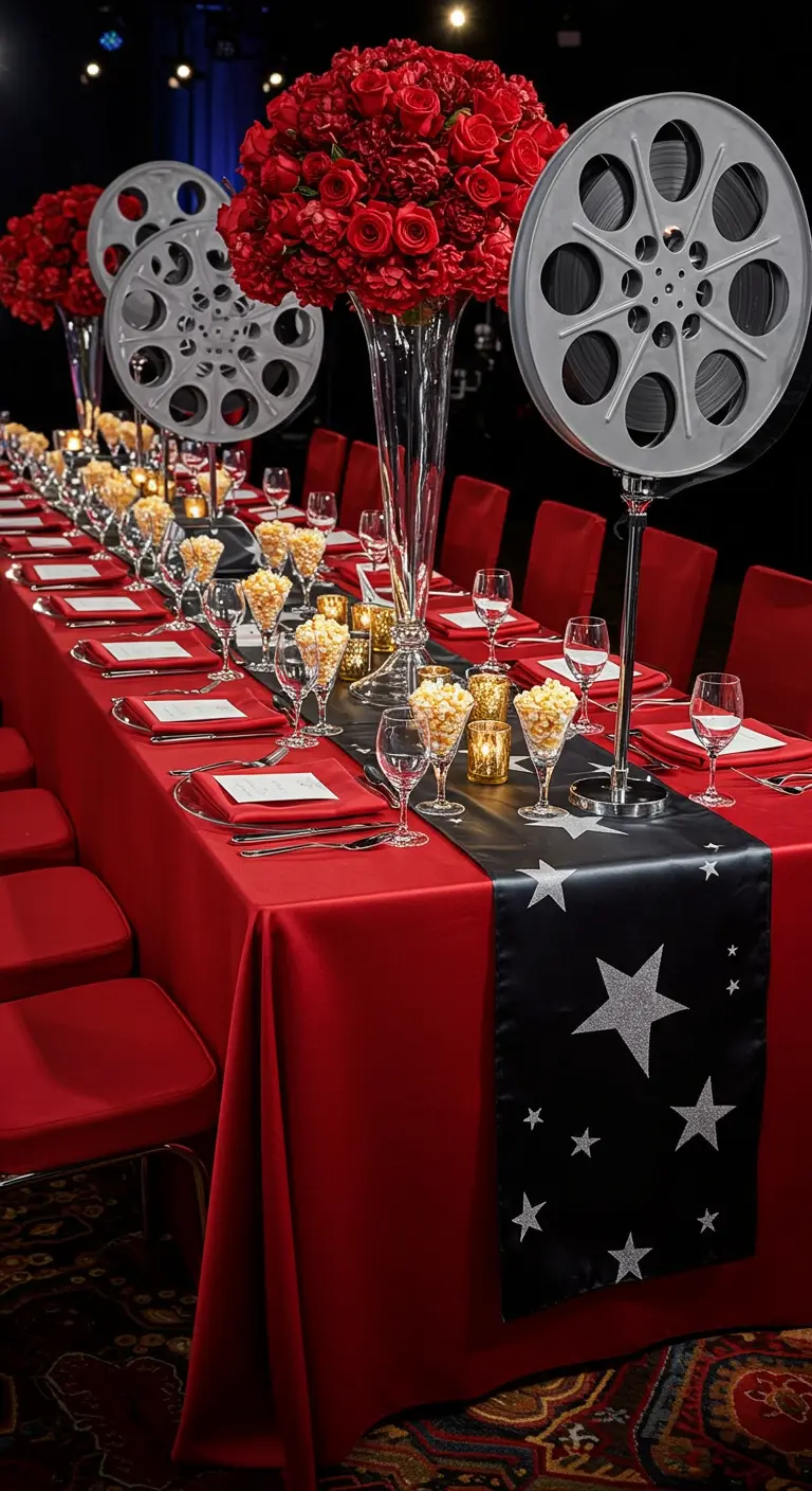 Grande table de gala rouge et noire avec centres de table floraux imposants et bobines de film.
