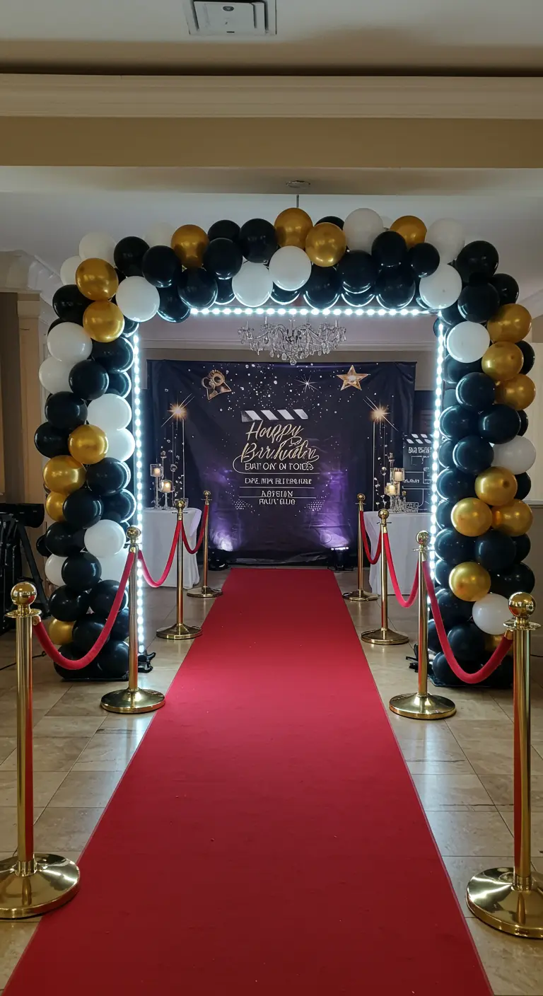 Arche de ballons carrée noir, blanc et or avec un tapis rouge à l'entrée.