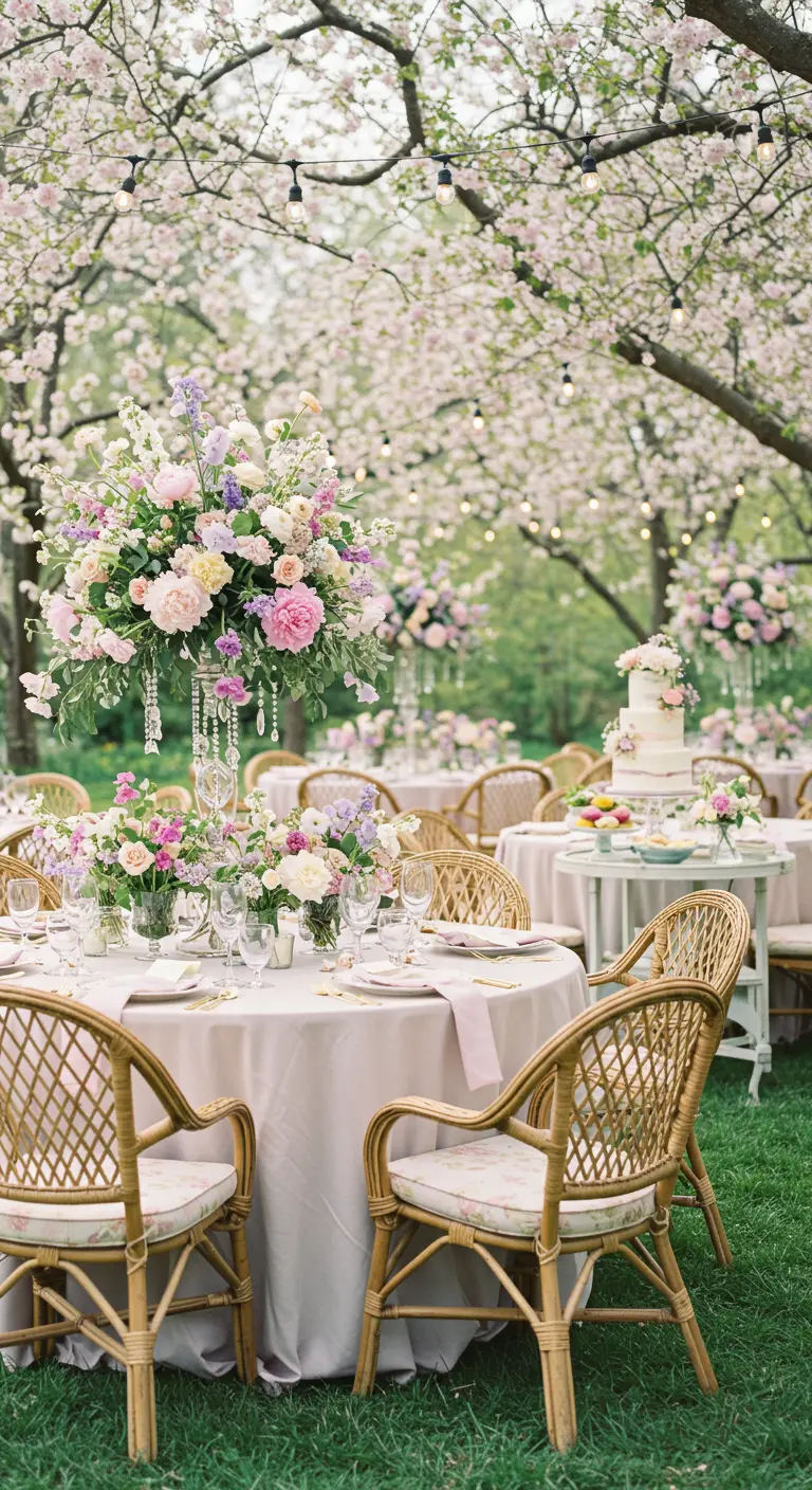 Centre de table floral haut aux tons roses et lilas, avec cristaux et chaises en rotin sous des arbres fleuris.