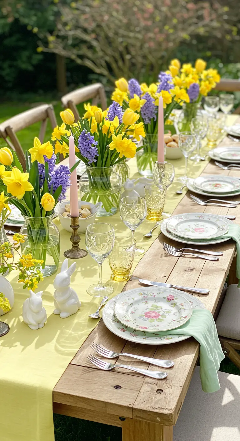 Table printanière avec chemin jaune, tulipes et jacinthes violettes, lapins blancs en céramique.