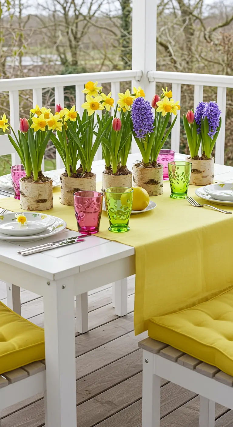 Table de printemps avec chemin de table jaune, pots de bulbes fleuris et verres colorés sur une terrasse.