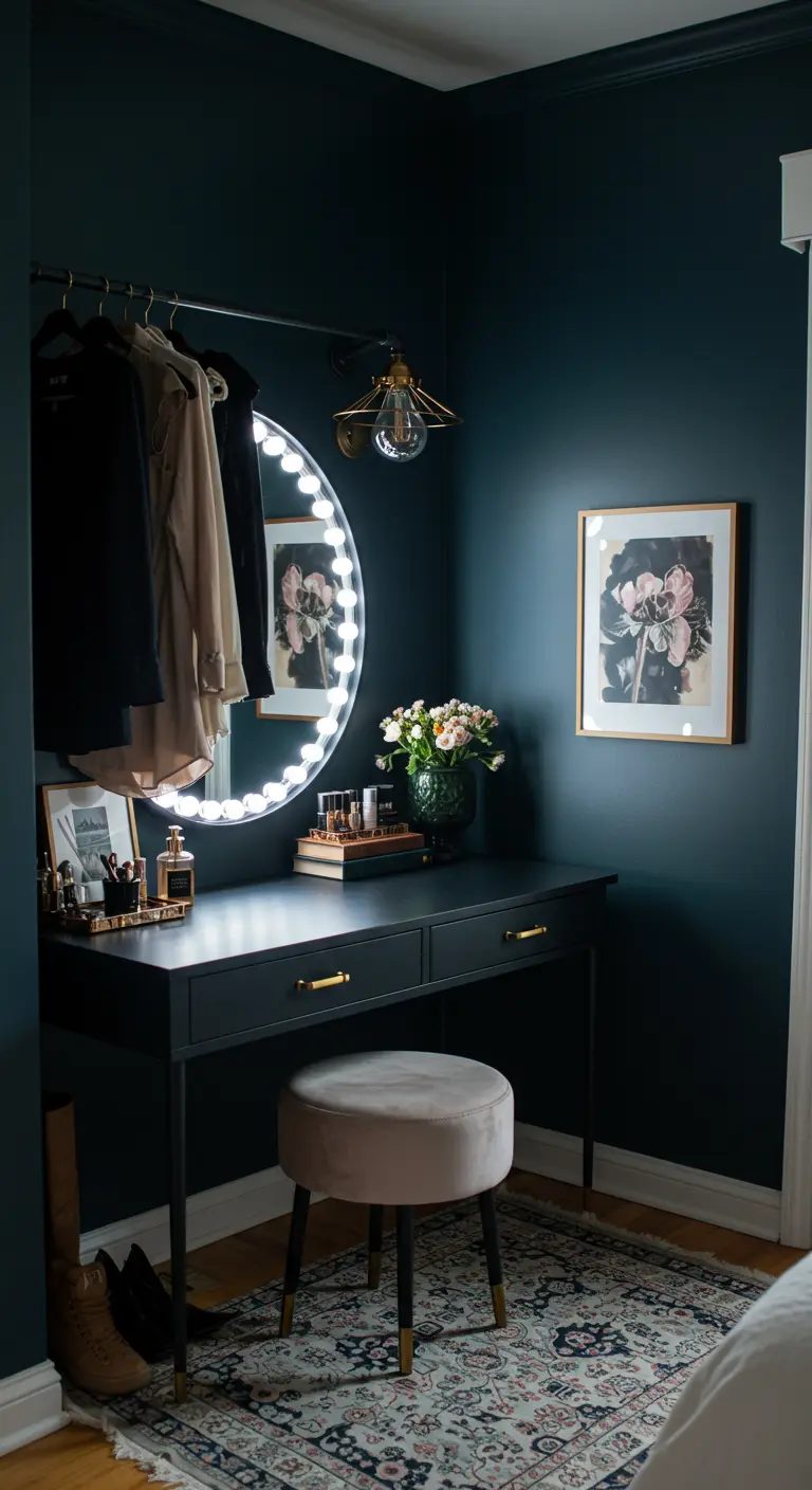 Dressing bleu nuit avec miroir rond éclairé, console de maquillage noire et accessoires dorés.