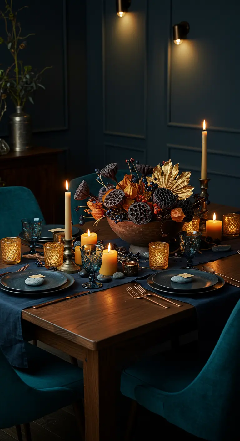 Table sombre avec chemin de table bleu, centre de table dramatique de feuillages et fruits séchés, et bougies allumées.