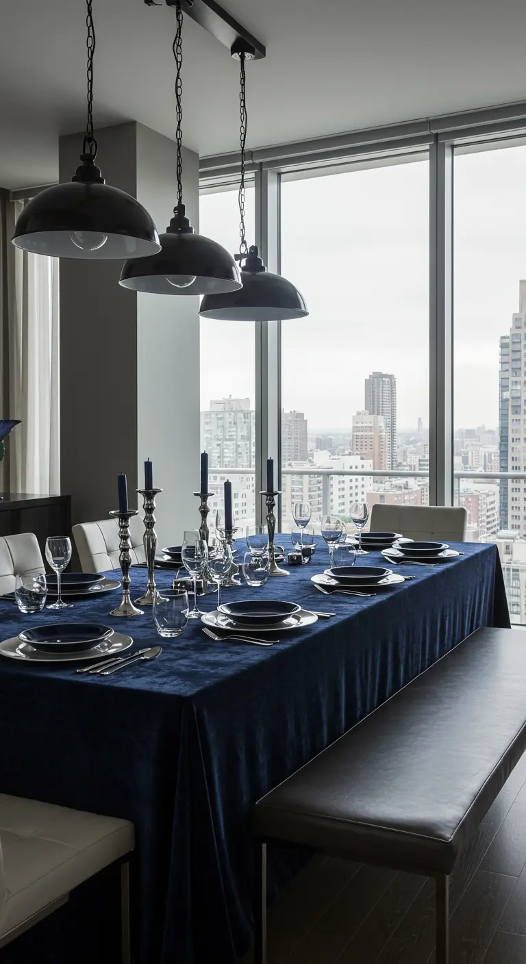 Table recouverte de velours bleu nuit, vaisselle foncée, chandeliers argentés, vue sur la ville.