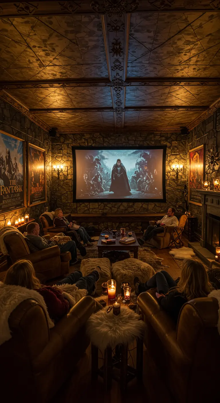 Projection de film fantastique dans une pièce aux murs de pierre éclairée à la bougie.