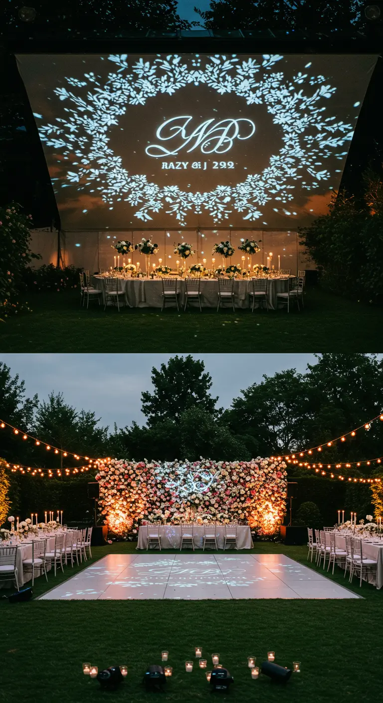 Projection lumineuse personnalisée sur mur et mur de fleurs avec éclairage.
