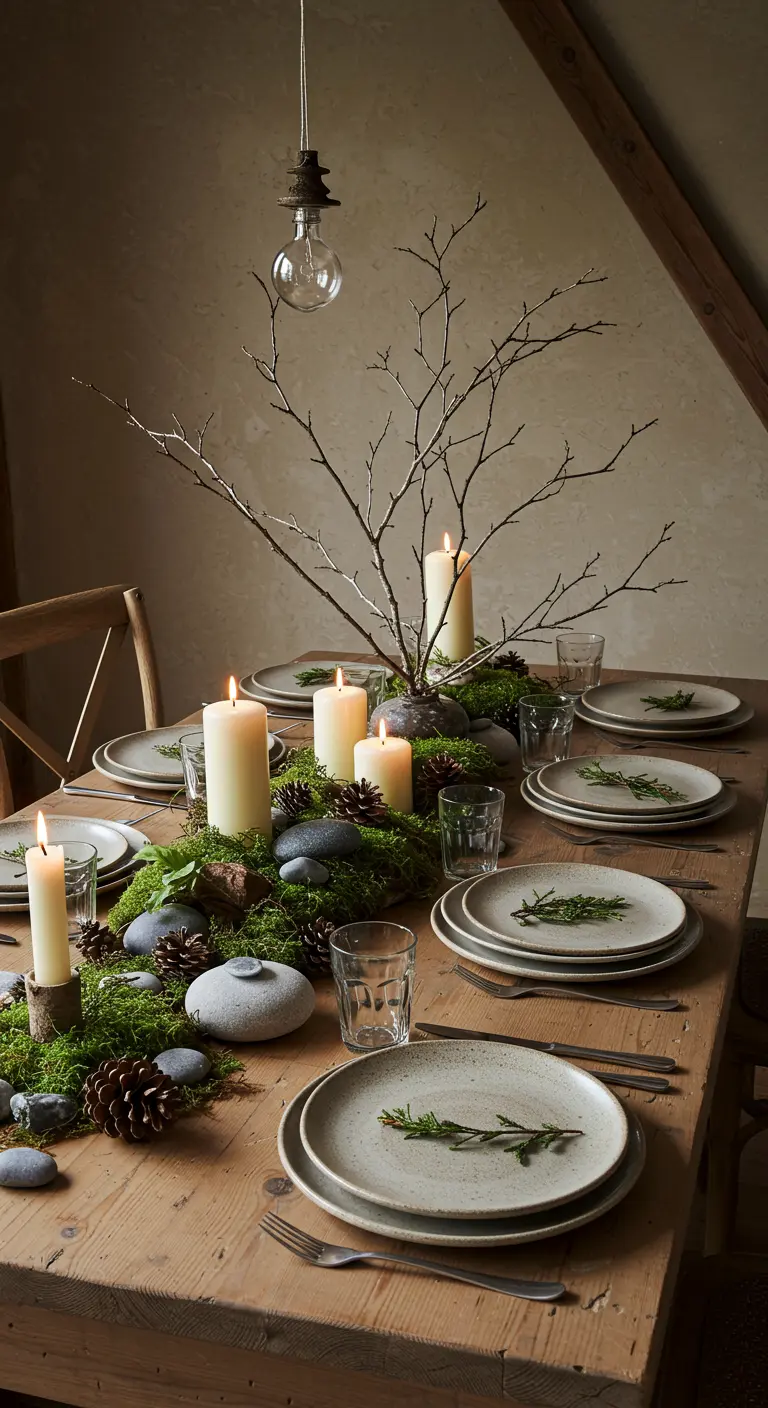 Centre de table inspiré de la forêt avec mousse, pierres et branches.
