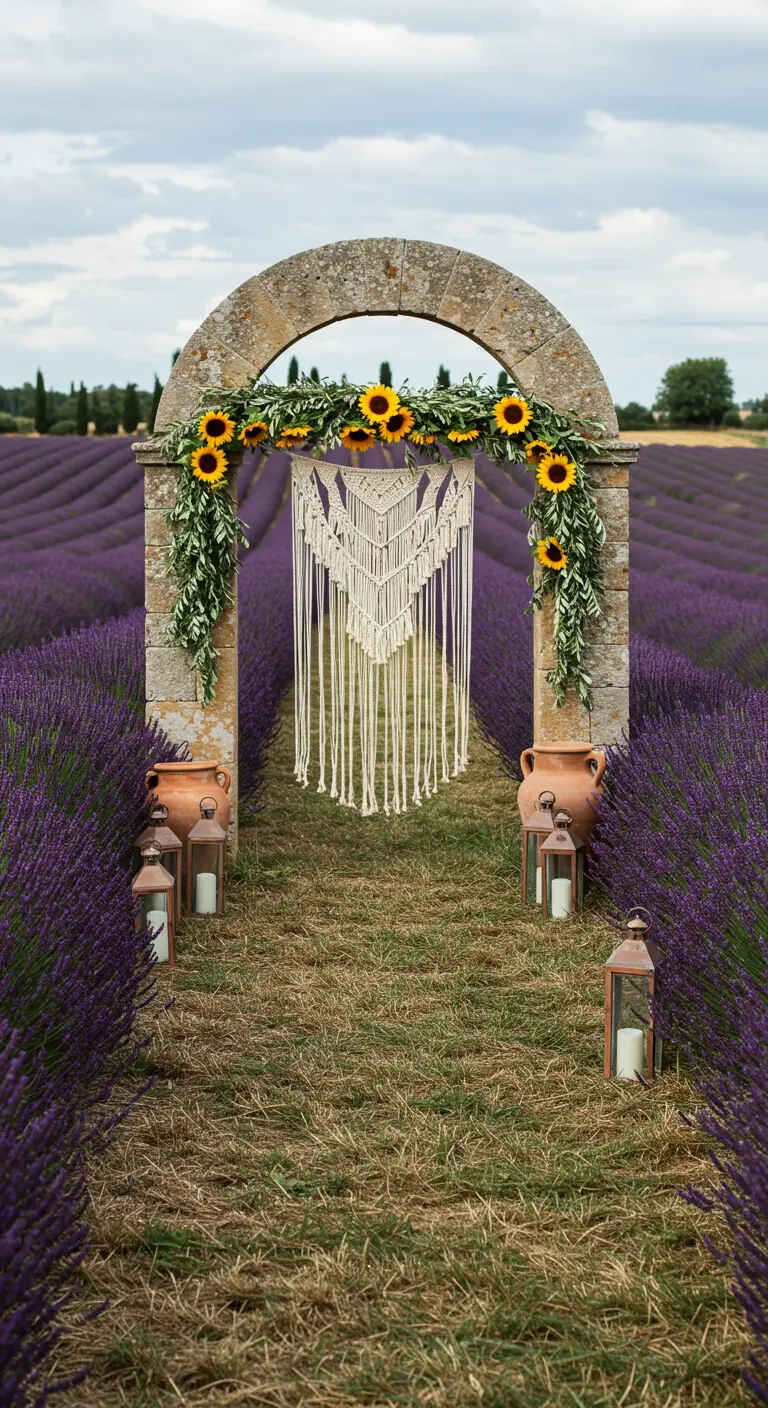 Arche en pierre dans un champ de lavande, décorée de tournesols et de macramé.