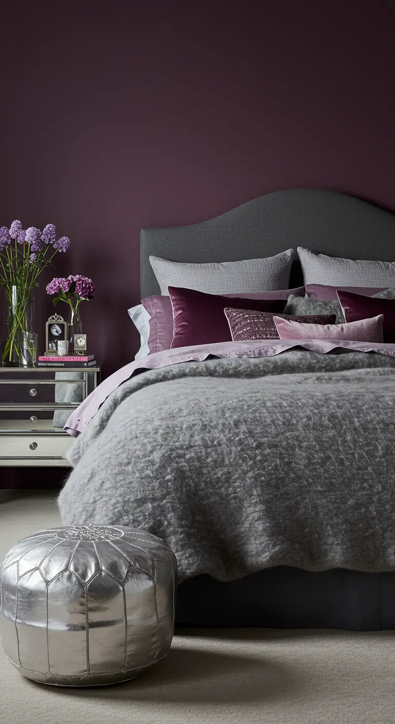 Chambre avec un mur prune, un lit gris, un plaid en mohair et un pouf argenté.