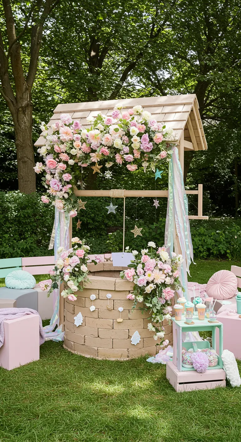 Puits de jardin décoré de fleurs pastel, rubans irisés et étoiles, avec des poufs.