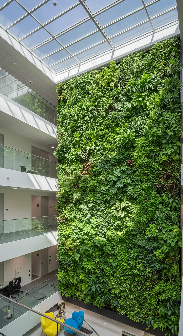 Immense mur végétal luxuriant s'étendant sur plusieurs étages sous un puits de lumière dans un atrium.