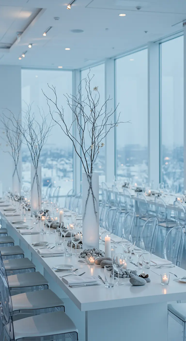 Longue table blanche dans une salle lumineuse, grands vases givrés avec branches et galets.