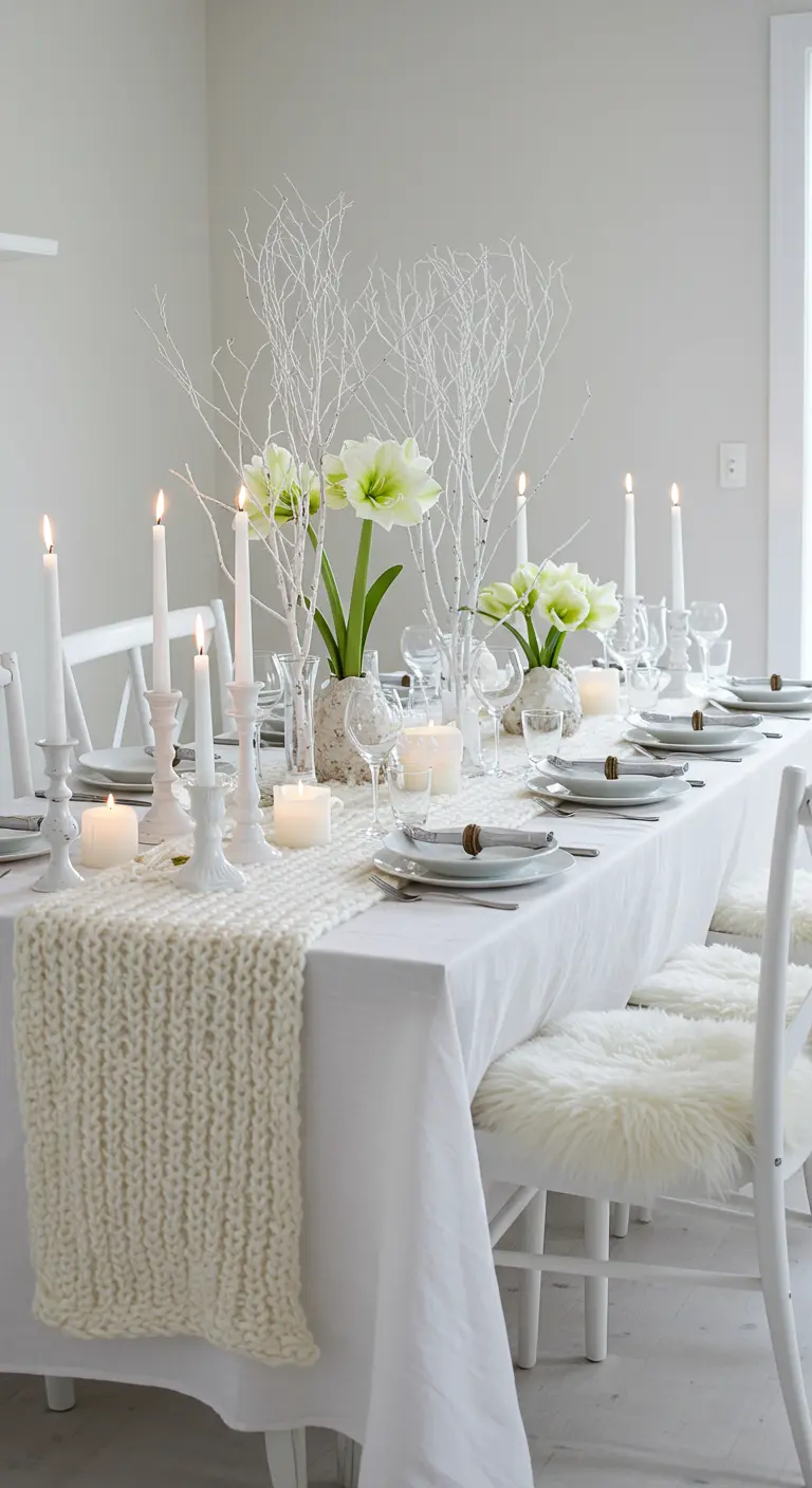 Table de fête entièrement blanche avec chemin de table en tricot et branches.