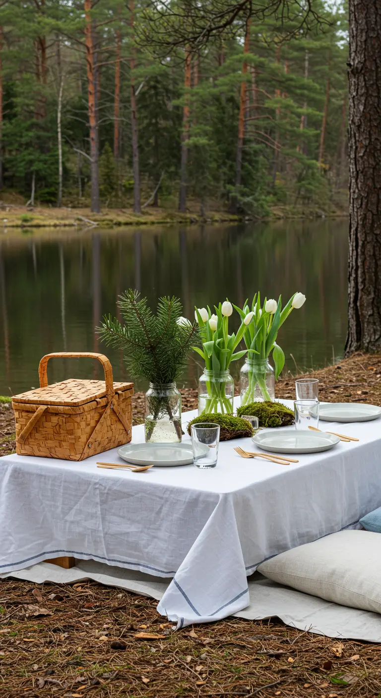Pique-nique boréal au bord d'un lac avec nappe blanche, tulipes blanches et branches de pin dans des bouteilles.