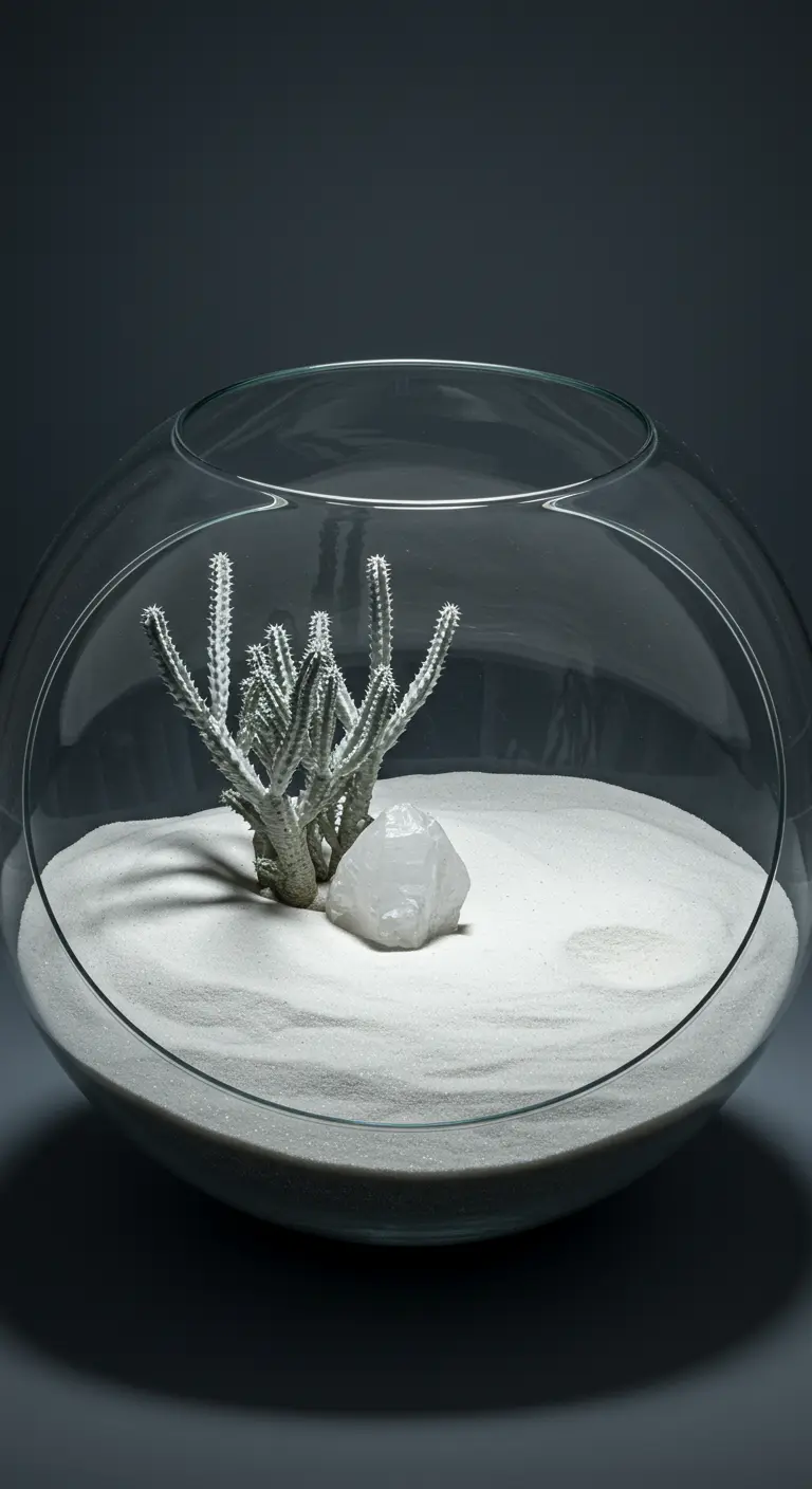 Grand bol en verre avec euphorbia blanche, cristal de quartz et sable blanc.