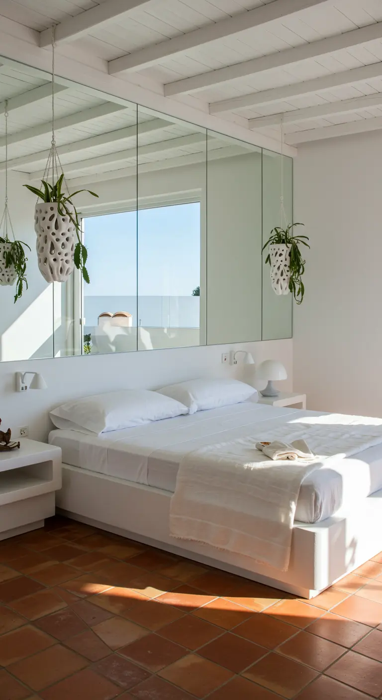 Chambre blanche méditerranéenne avec sol en terre cuite, mur de miroirs et pots ajourés suspendus.