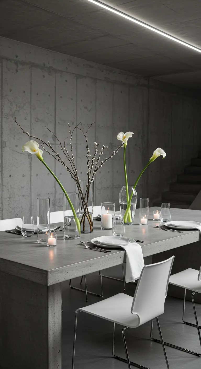 Table minimaliste en béton avec vases de callas blanches et branches de saule marsault.
