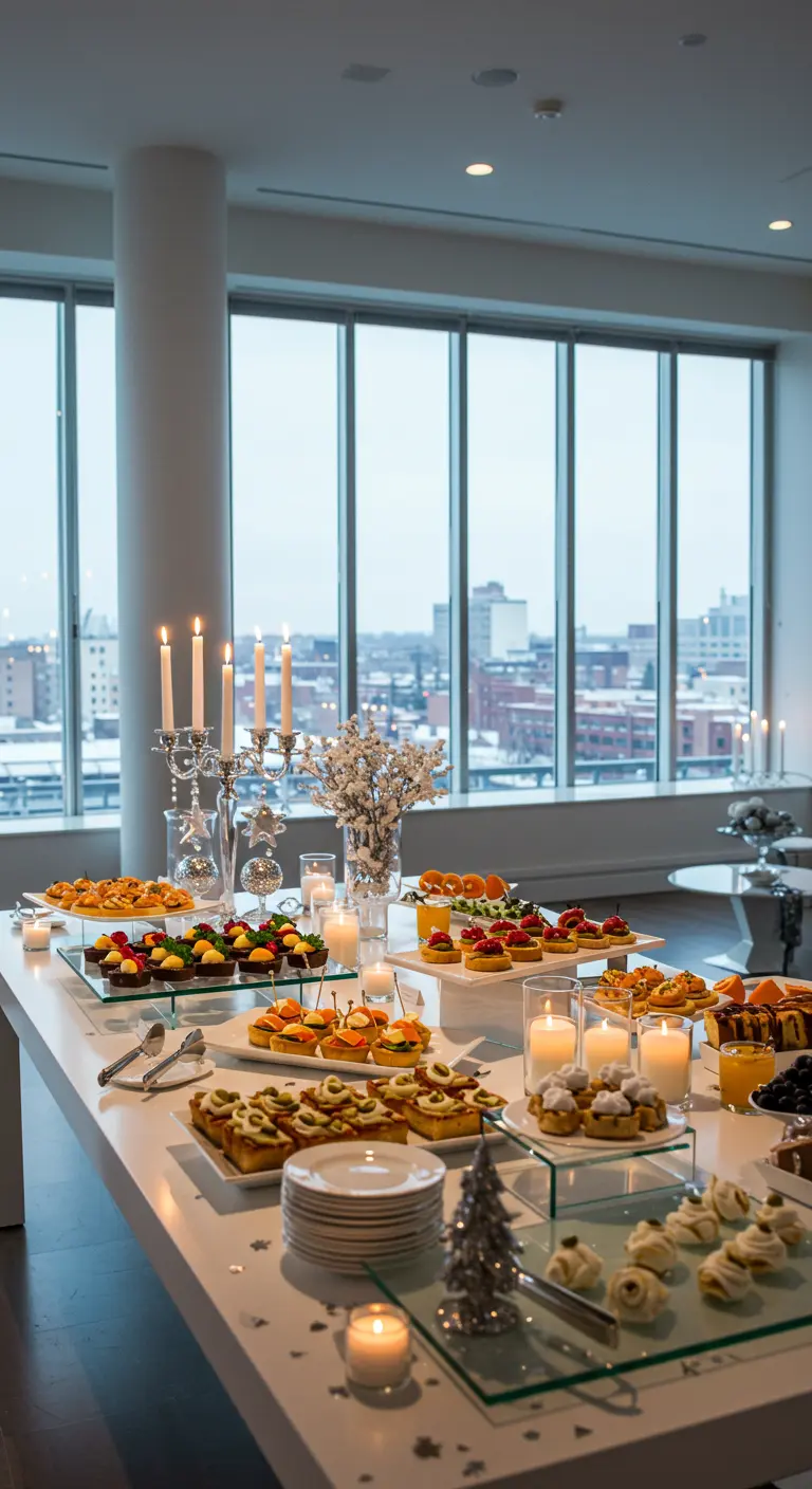 Buffet moderne blanc avec candélabres argentés, grandes fenêtres, vue hivernale.