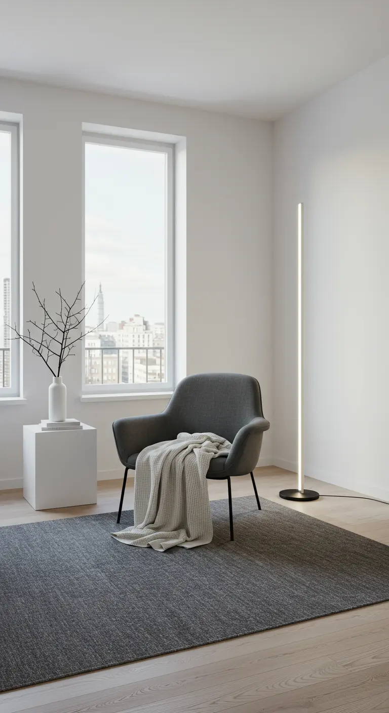Fauteuil gris épuré, plaid clair, lampe linéaire, table cubique, branches décoratives, tapis gris.