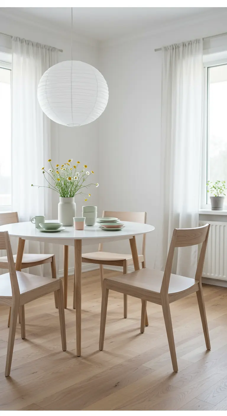 Salle à manger scandinave avec table ronde blanche, chaises en bois clair et vaisselle pastel.