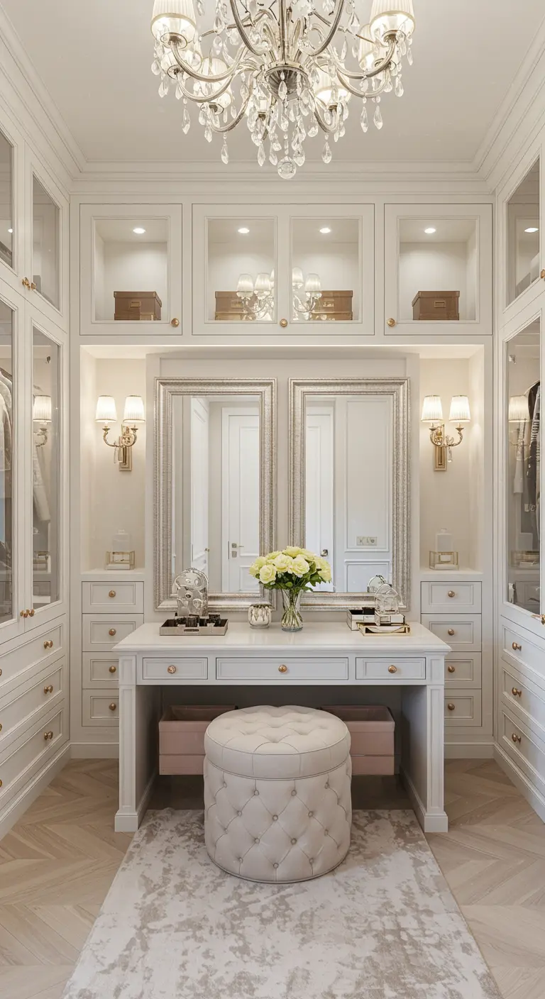 Dressing blanc luxueux avec coiffeuse miroir, lustre en cristal et pouf capitonné.