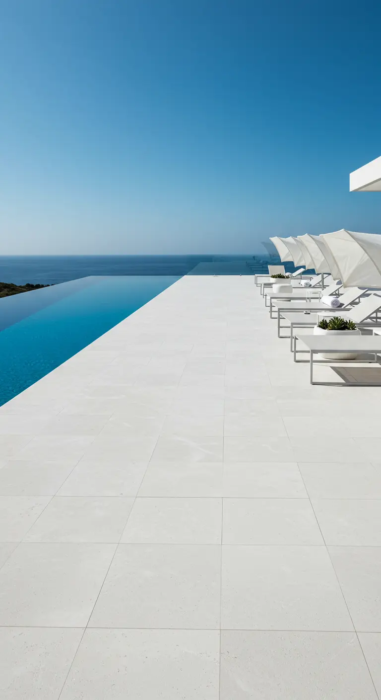 Terrasse blanche et piscine à débordement avec transats blancs modernes, face à la mer.