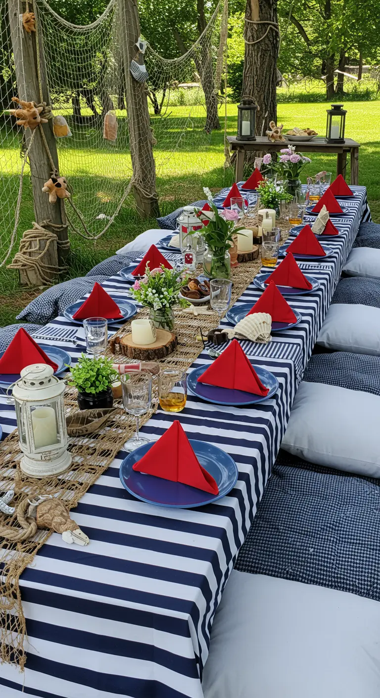 Pique-nique nautique au sol avec serviettes rouges pliées en pyramide.
