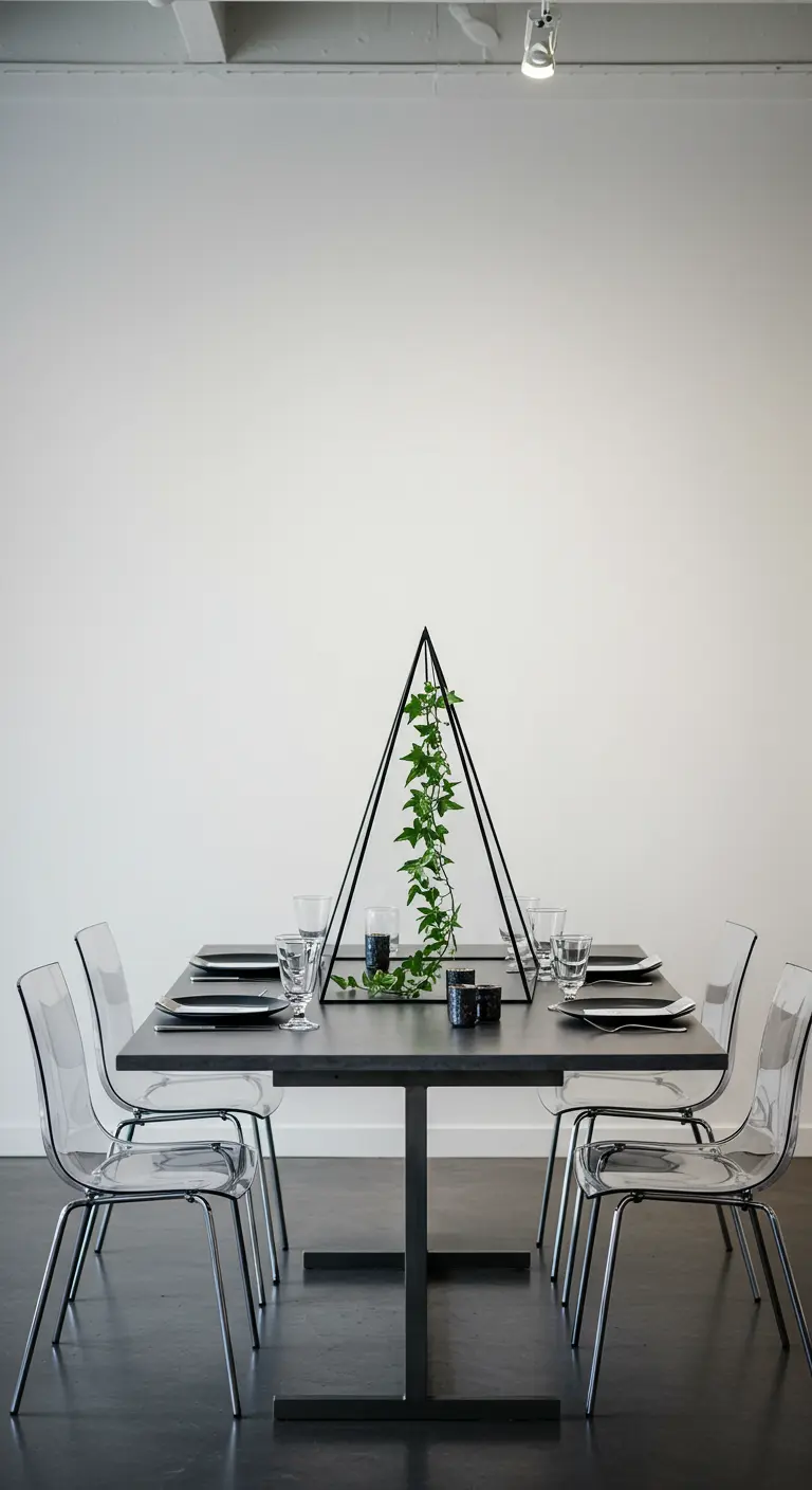 Structure pyramidale en métal noir au centre d'une table, avec du lierre grimpant.
