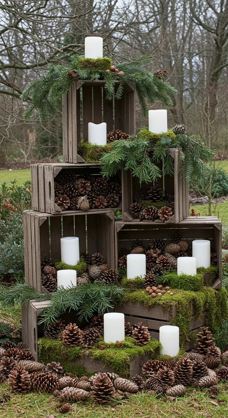 Structure pyramidale faite de caisses en bois, remplie de mousse, pommes de pin et bougies.