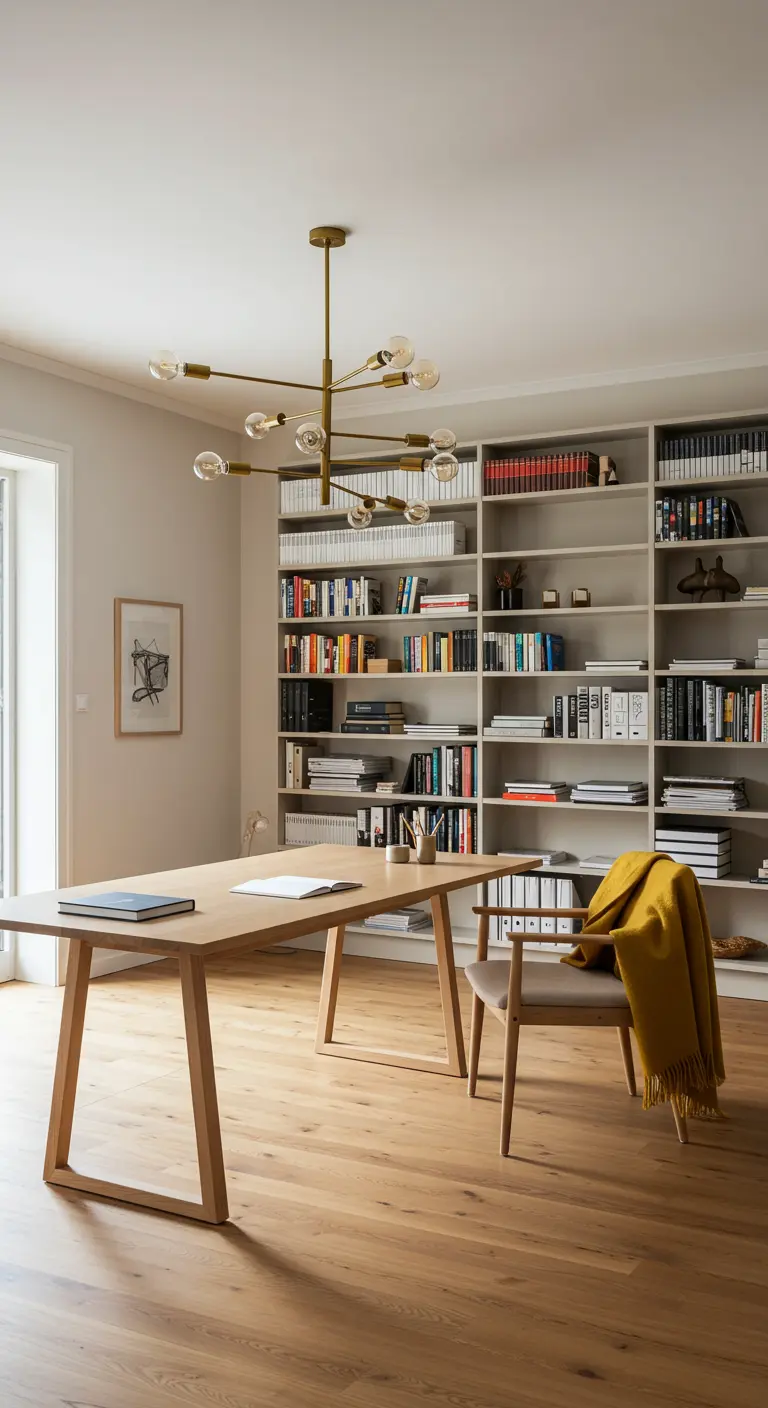 Grand bureau en bois devant une bibliothèque murale, avec un plaid jaune et un lustre design.